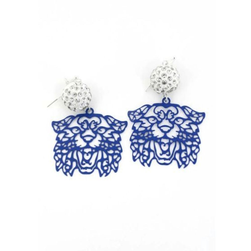 WHITE CRYSTAL BALL AND BLUE FILIGREE WILDCAT EARRINGS